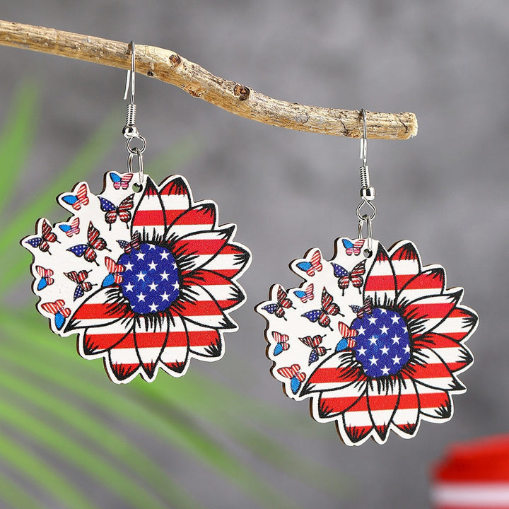 Ladies' lightweight wooden earrings in airplane jet design with patriotic motif and hypoallergenic fish hook Kalsten