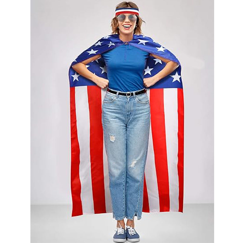 Unisex nan patriotic skeleton costume cape with flag print cape wig and handheld flags Kalsten