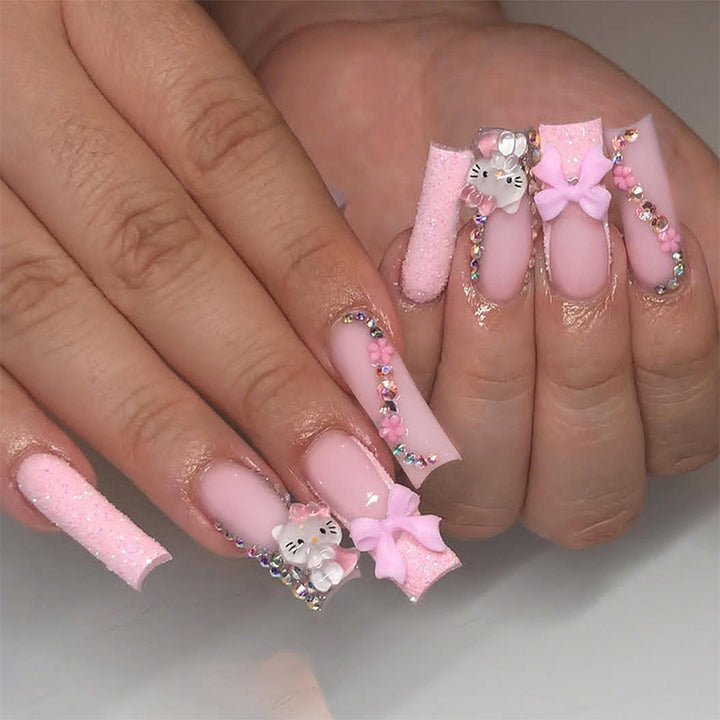 Decorative Premium Press-On Nail Set with Rhinestone and Bow Accents kalsten