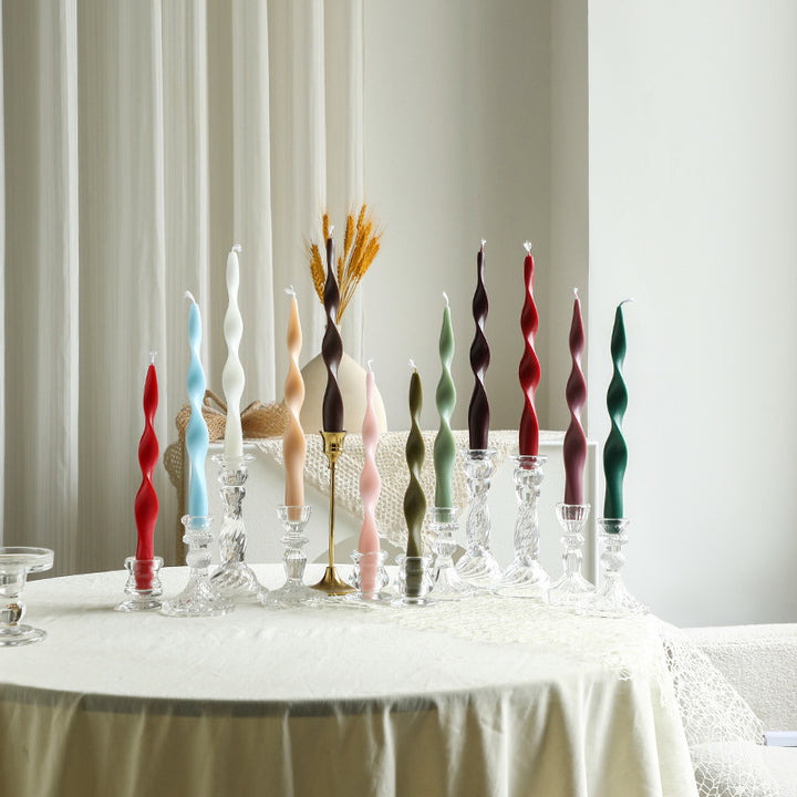 Hand-Poured Sculptural Wave Taper Candle Set with Crystal Glass Holders