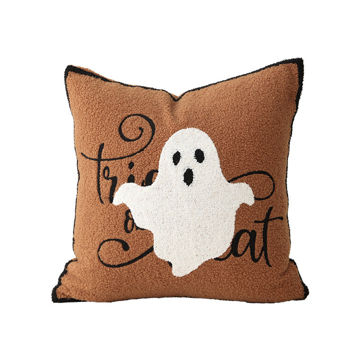Square Decorative Pillow with Embroidered Halloween Ghost and Boucle Surface Kalsten