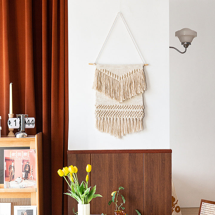 Woven Boho wall tapestry with macrame fringes and handcrafted textured relief Kalsten