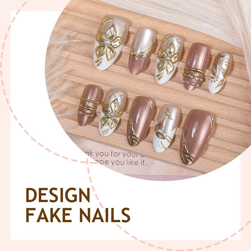 Designer artificial nail set with floral accents and glittering details Kalsten