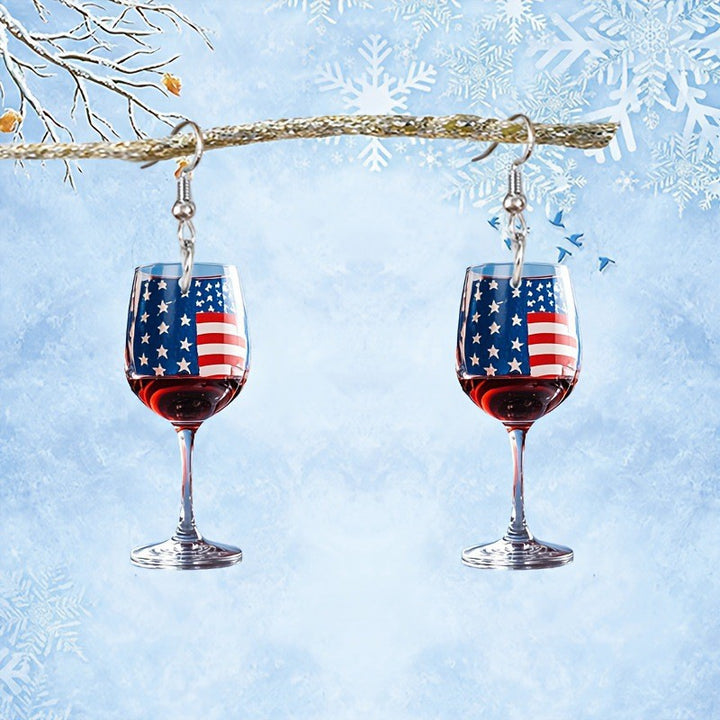 Women's nan novelty wine glass dangle earrings with patriotic American flag enamel Kalsten