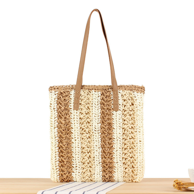 Braided Natural Material Beach Bag with Sturdy Leather Handles Kalsten