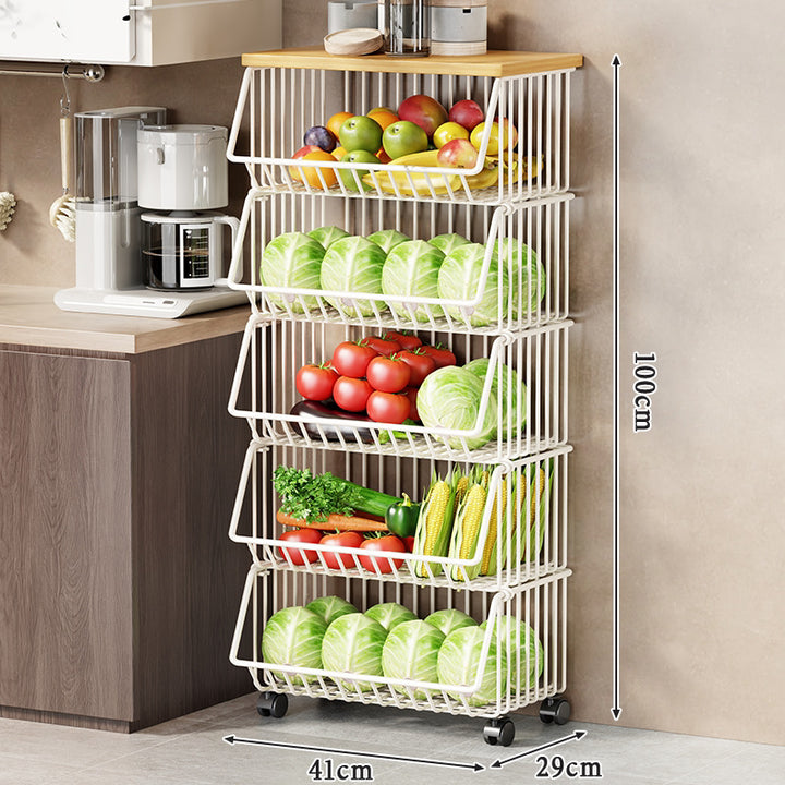 Slim Five-Tier Rolling Metal Kitchen Pantry Storage Rack with Wire Baskets