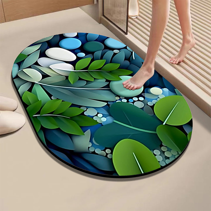 Artistic Leaf and Stone-Themed Bath Mat