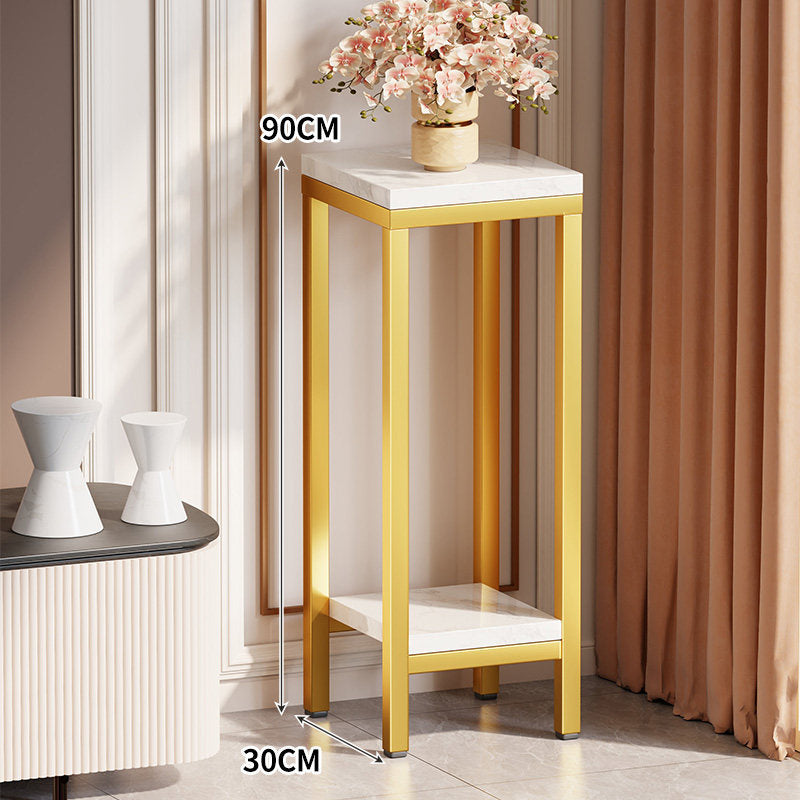 Tall Narrow Marble-Top Plant Stand Side Table with Lower Shelf and Gold Metal Frame