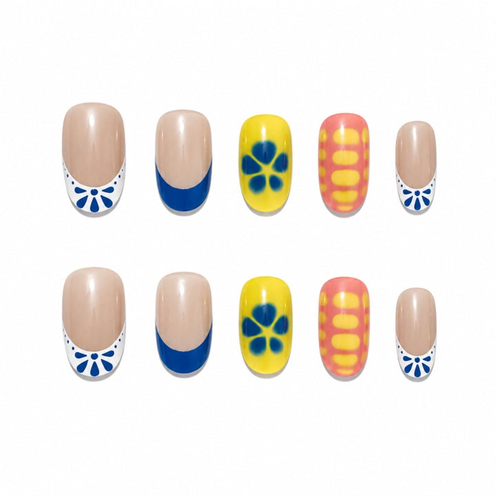 Artistic Press-On Nail Set with Floral and Geometric Designs Kalsten