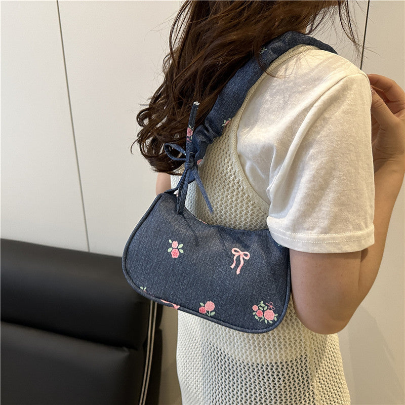 Embroidered Denim Shoulder Bag Kalsten