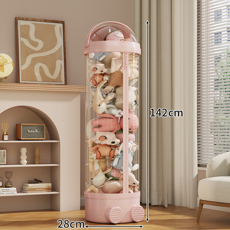 Tall Cylindrical Toy and Plush Storage Organizer with Clear Zip Cover and Rolling Vent Base