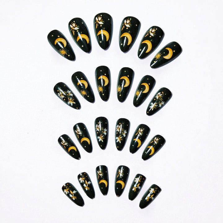 Glamorous artificial nails with moon and flower motifs Kalsten