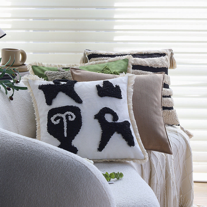 Square decorative cushion cover with hand-tufted ethnic appliqué motif and fringed edge Kalsten
