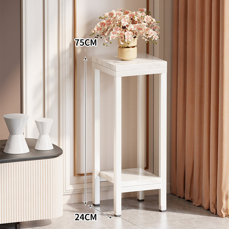 Tall Narrow Marble-Top Plant Stand Side Table with Lower Shelf and Gold Metal Frame