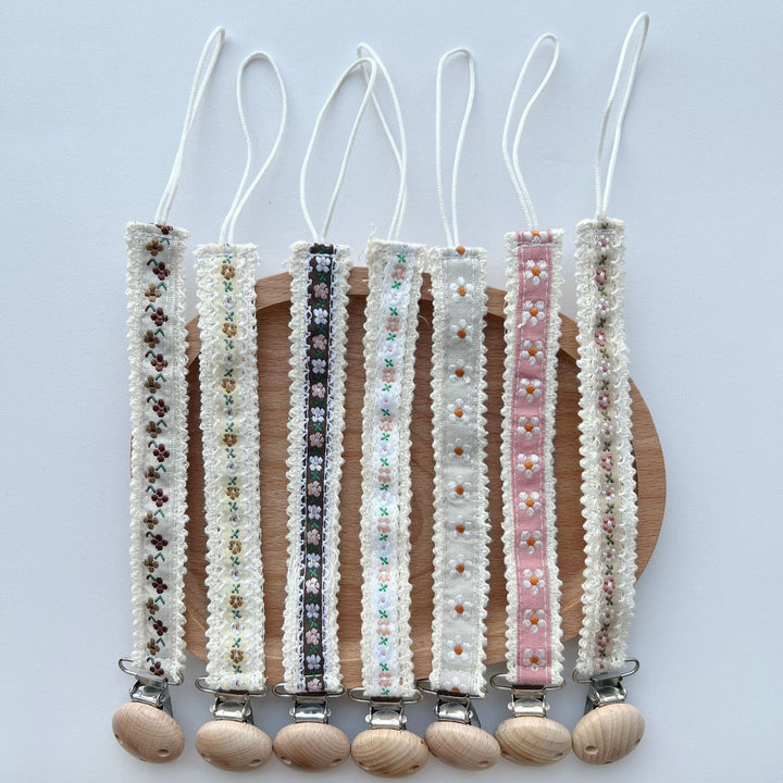 Natural Wooden Bead Pacifier Clip with Embroidered Cotton Lace Strap