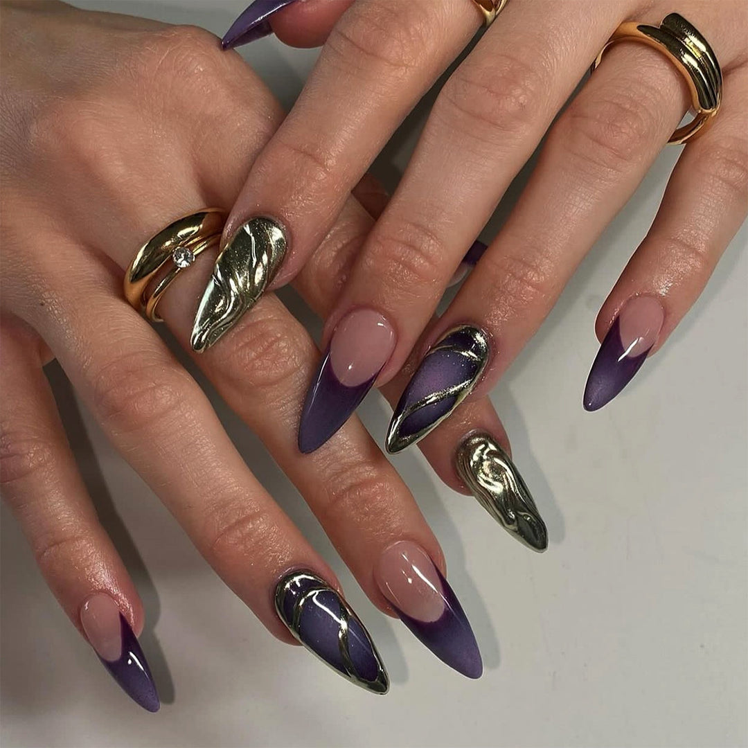 Artful stiletto nails with elegant gold and ombre design Kalsten