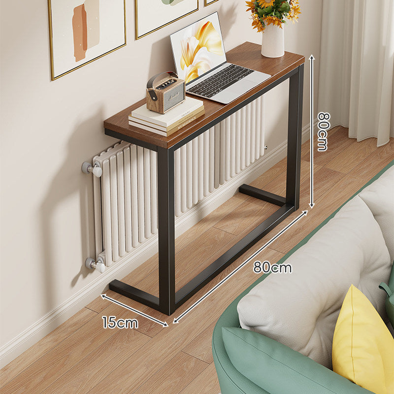 Slim Narrow Console Table with White Metal Frame and Wood-Grain Top