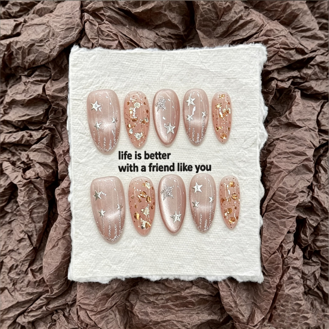 Artistic Press-On Nail Set with Stellar Design