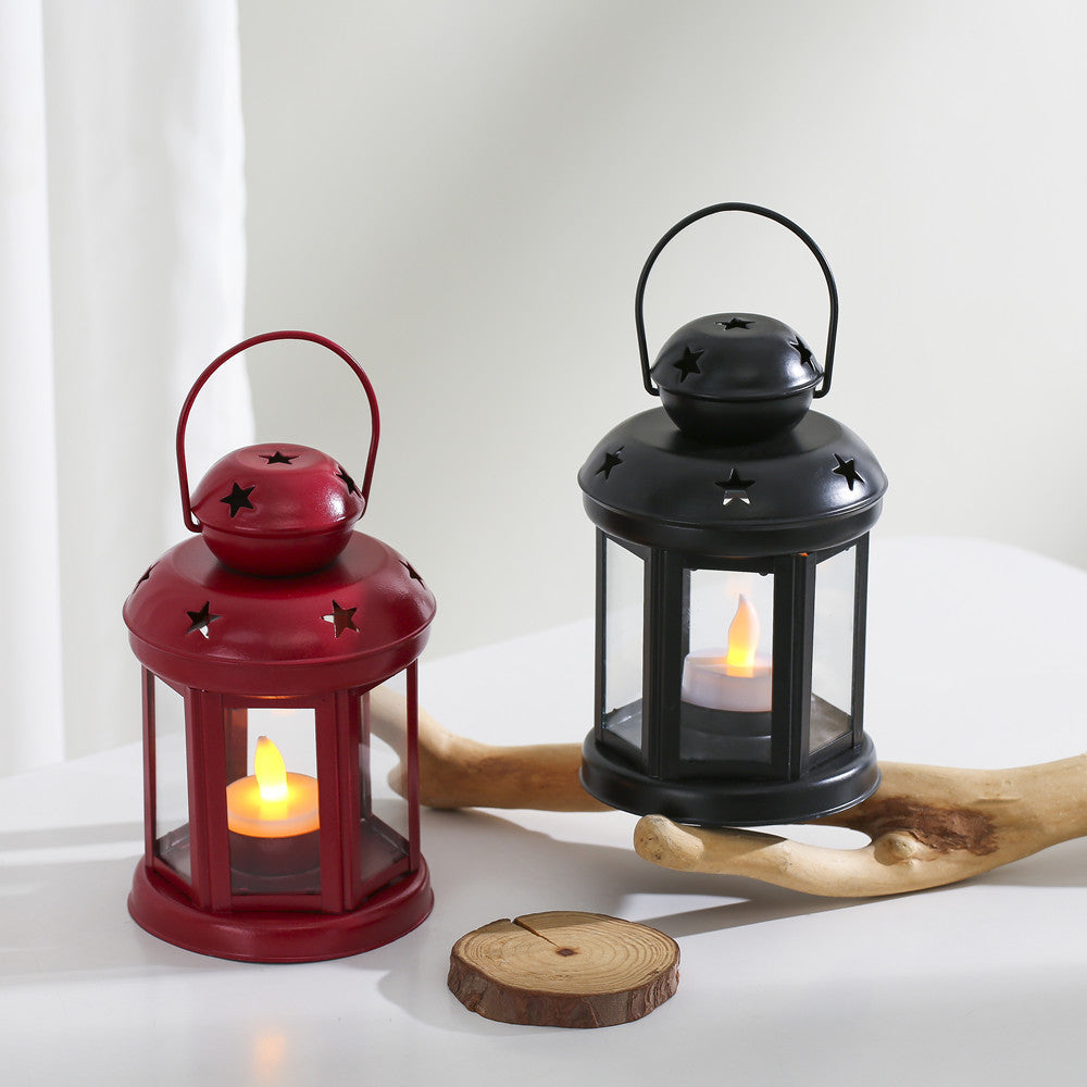 Hexagonal Glass-Paneled Metal Tealight Lantern with Star Vent Cutouts Kalsten