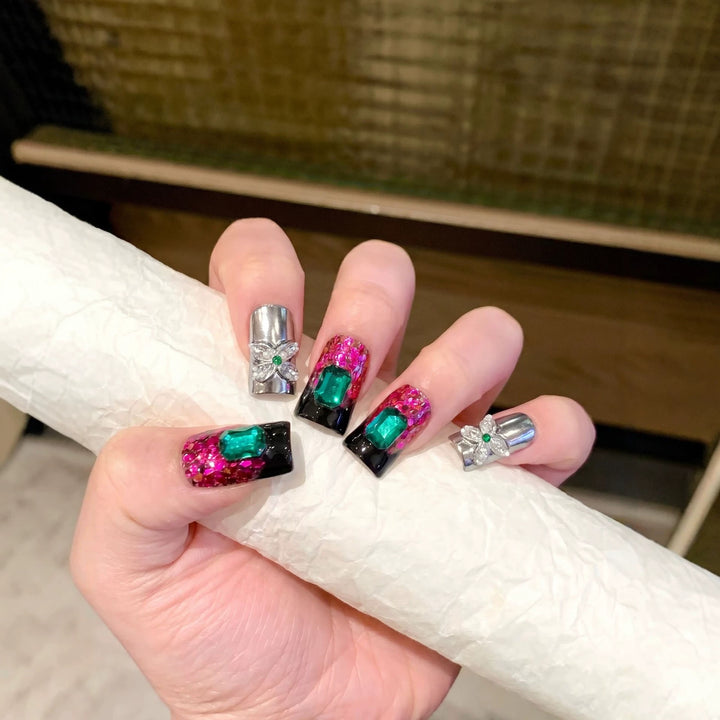 Glamorous Press-On Nail Design with Jewel Accents Kalsten