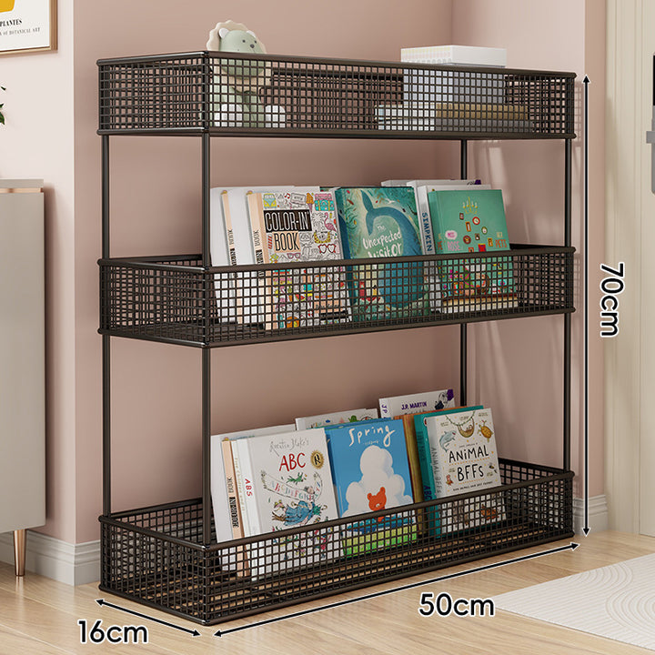Freestanding Four‑Tier Metal Mesh Book and Display Shelf Rack