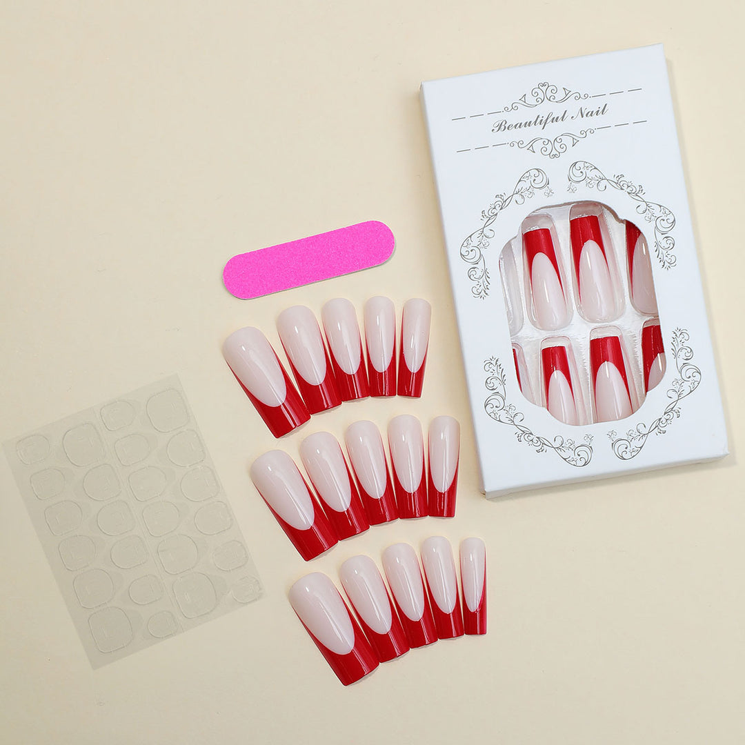 Elegant Press-On Nail Set with Artistic Red and White Design Kalsten