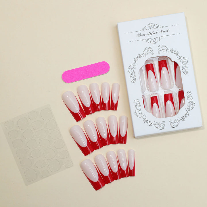 Elegant Press-On Nail Set with Artistic Red and White Design Kalsten