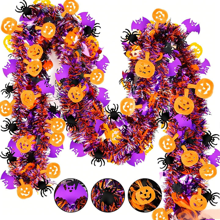 Shiny Halloween garland made of plastic with pumpkin confetti and dense fringes