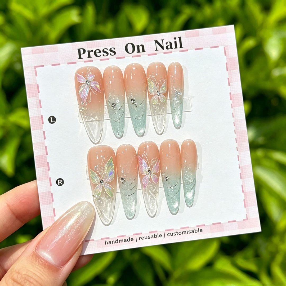 Artistic Press-On Nail Set with Tropical and Floral Accents