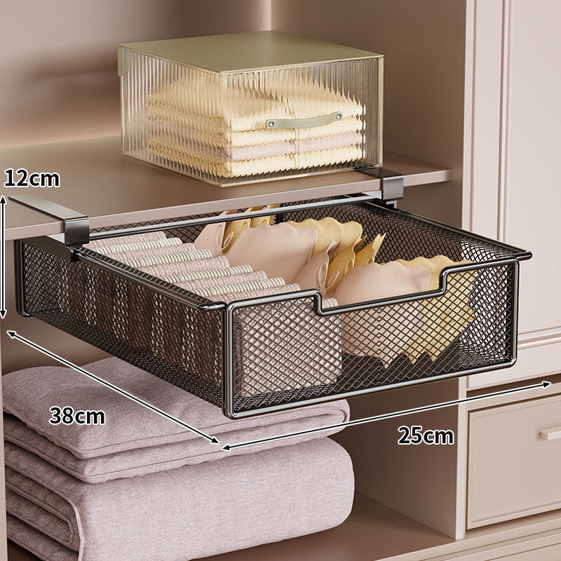 Under-Shelf Sliding Mesh Drawer Organizer with Clip-On Mount and Ventilated Metal Basket