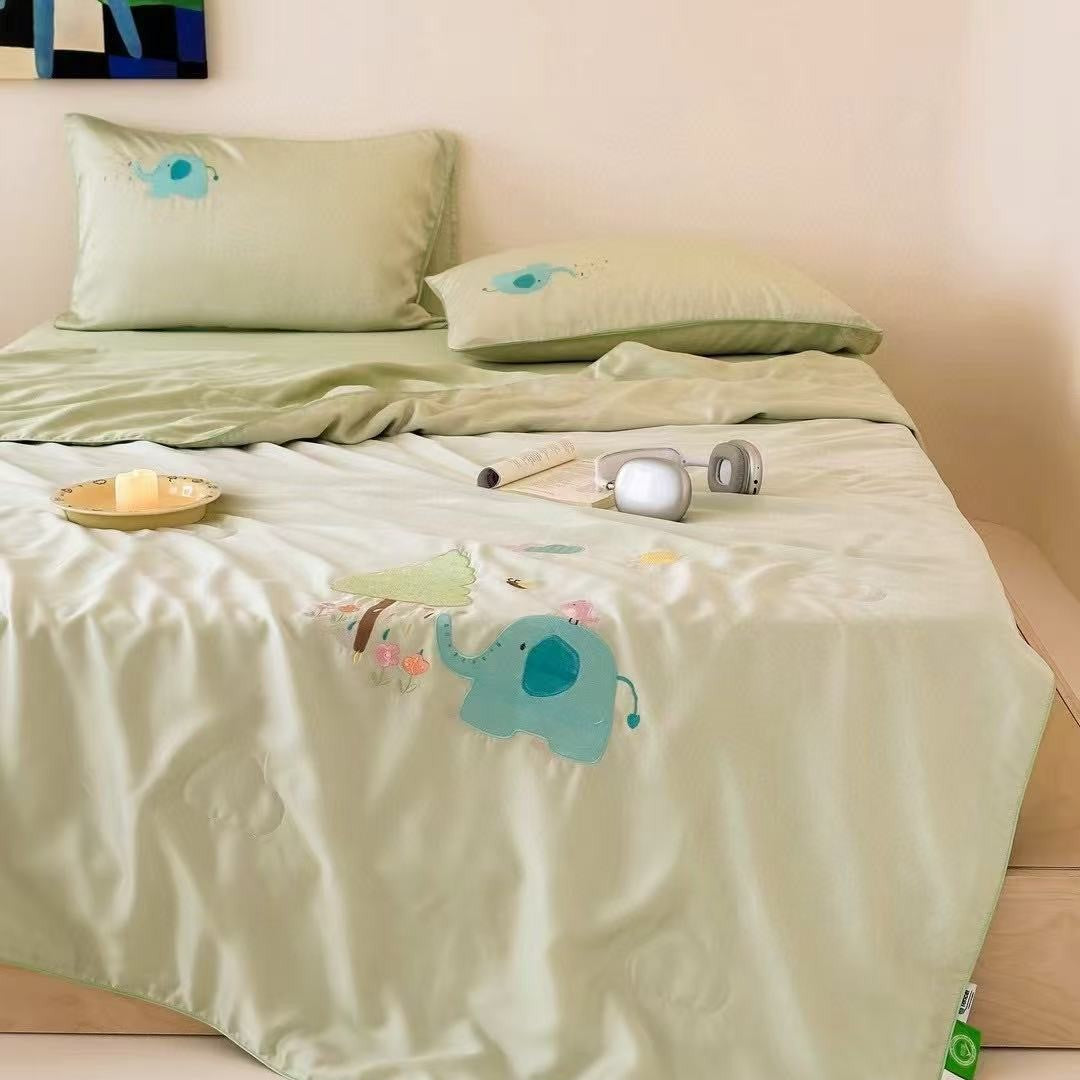 Children's satin bedding set with embroidered bunny moon and silky reversible throw