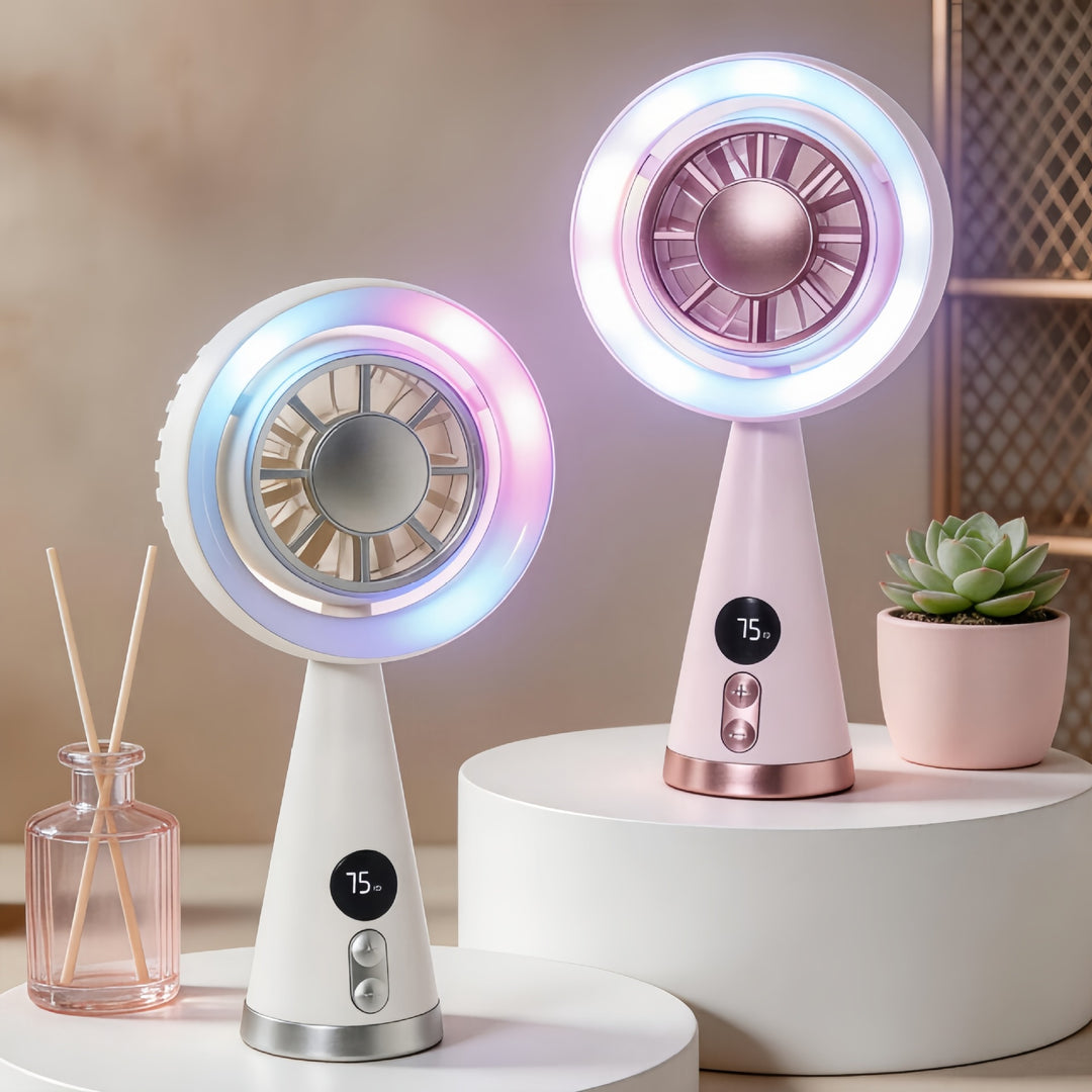 Portable hand fan with RGB LED lighting and precise temperature display Kalsten