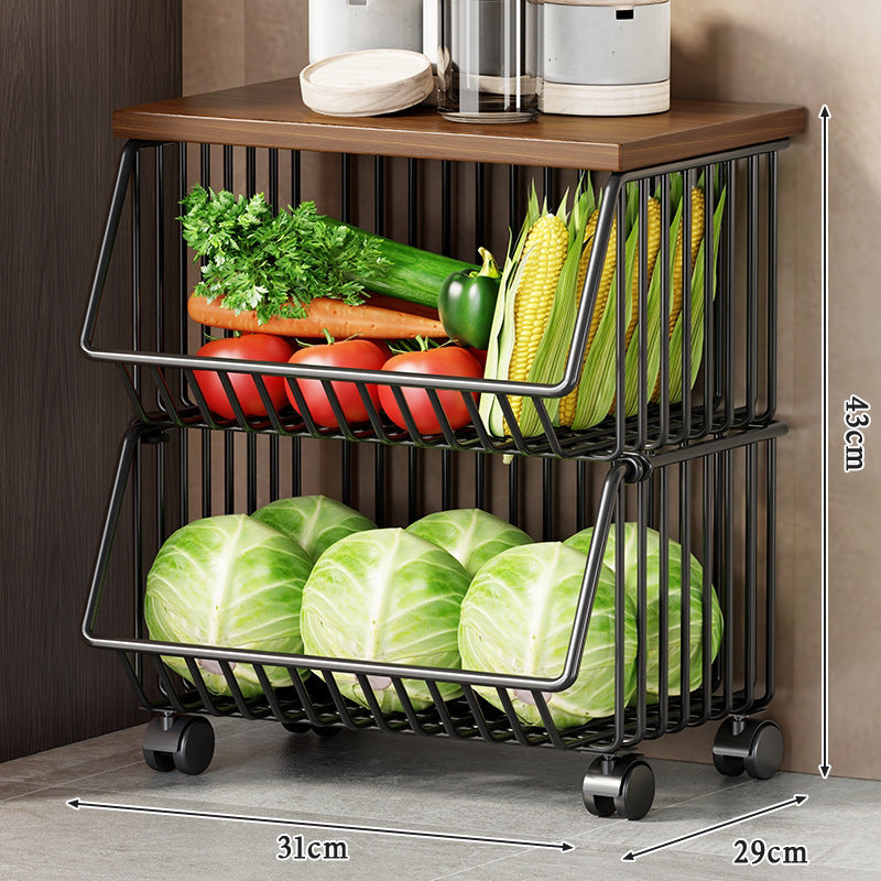 Multi-Tier Rolling Kitchen Fruit and Vegetable Storage Cart with Wood Top