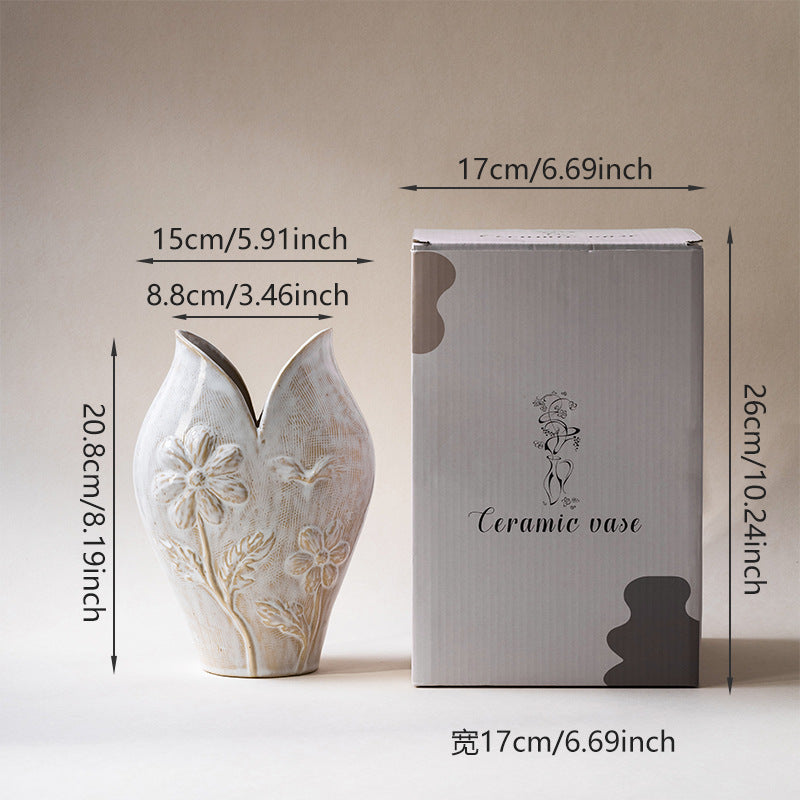 Handmade Textured Earthenware Flower Relief Bud Vase