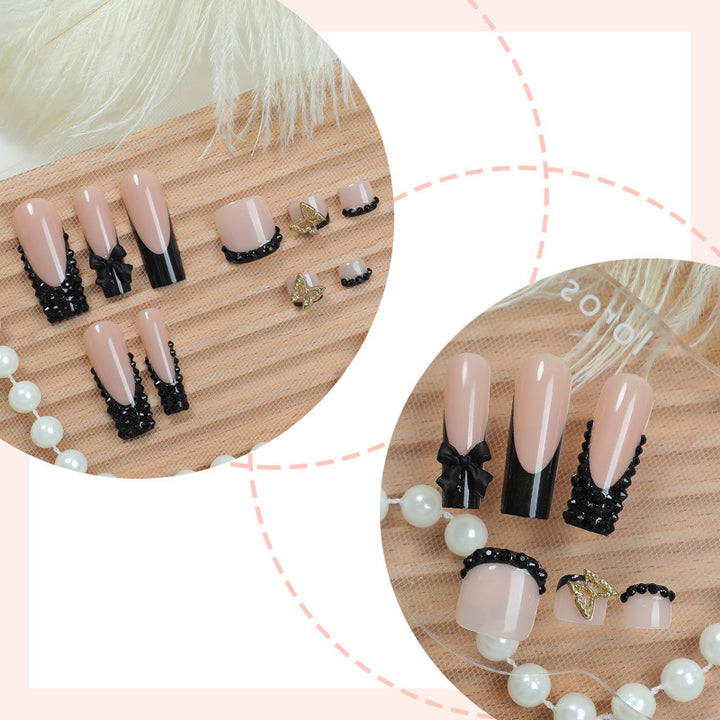 Elegant Press-On Nail Art Set with Decorative Bows and Crystal Accents Kalsten