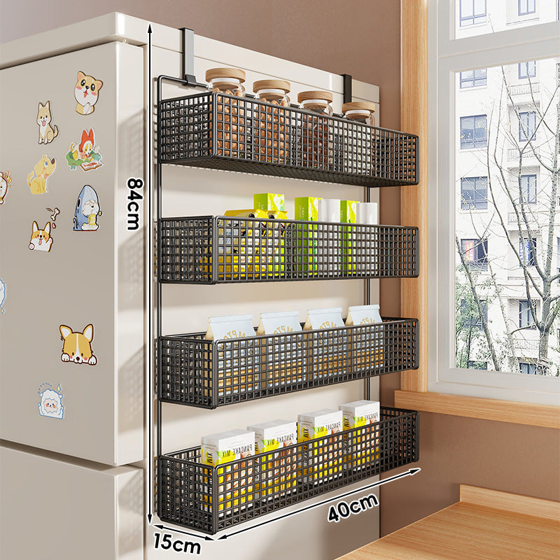 Over-Refrigerator Vertical Hanging Mesh Storage Rack with Deep Baskets and Hook Rail
