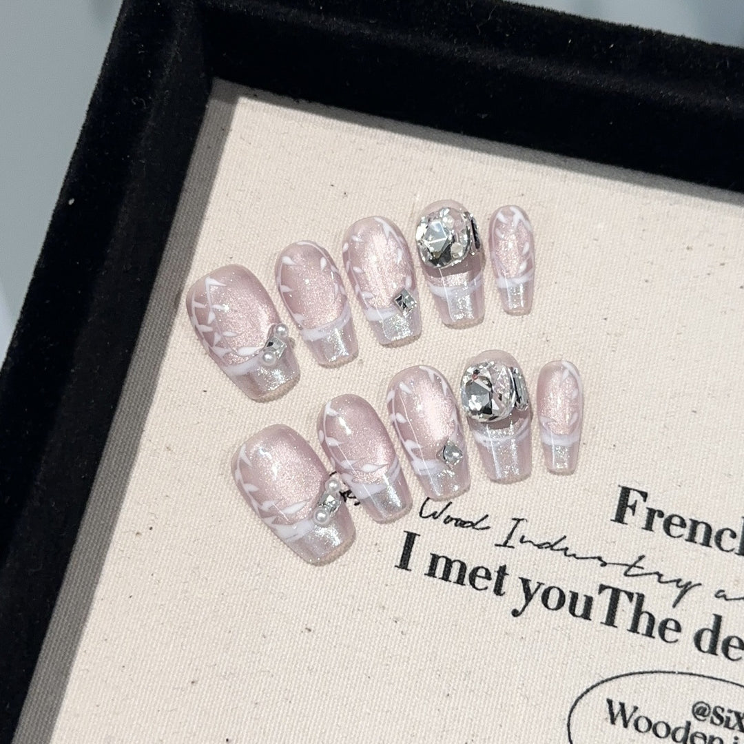 Elegant Press-On Nail Art Set with Gemstone Accents