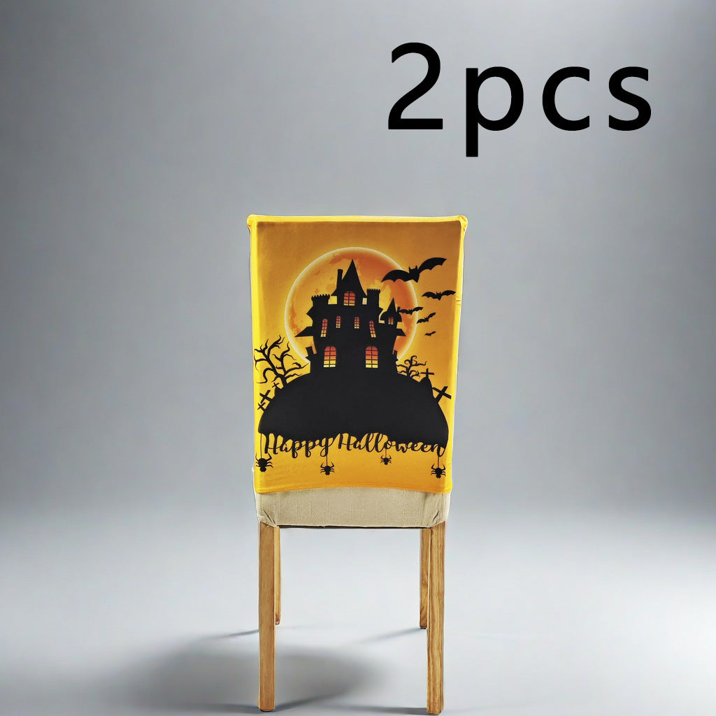 Stretch chair back cover with detailed pumpkin watercolor print and bat accents