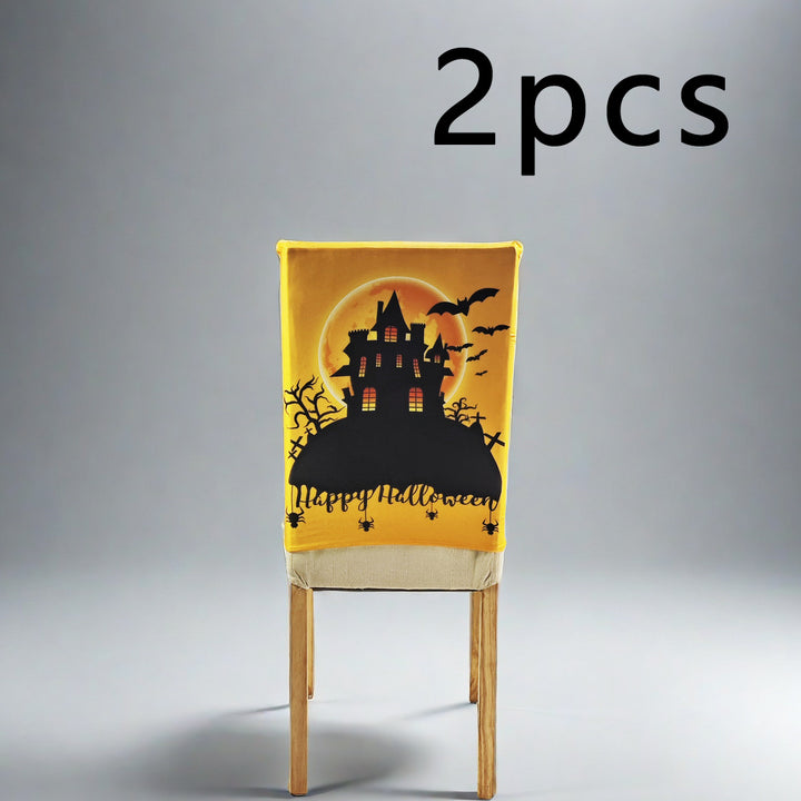 Stretch chair back cover with detailed pumpkin watercolor print and bat accents
