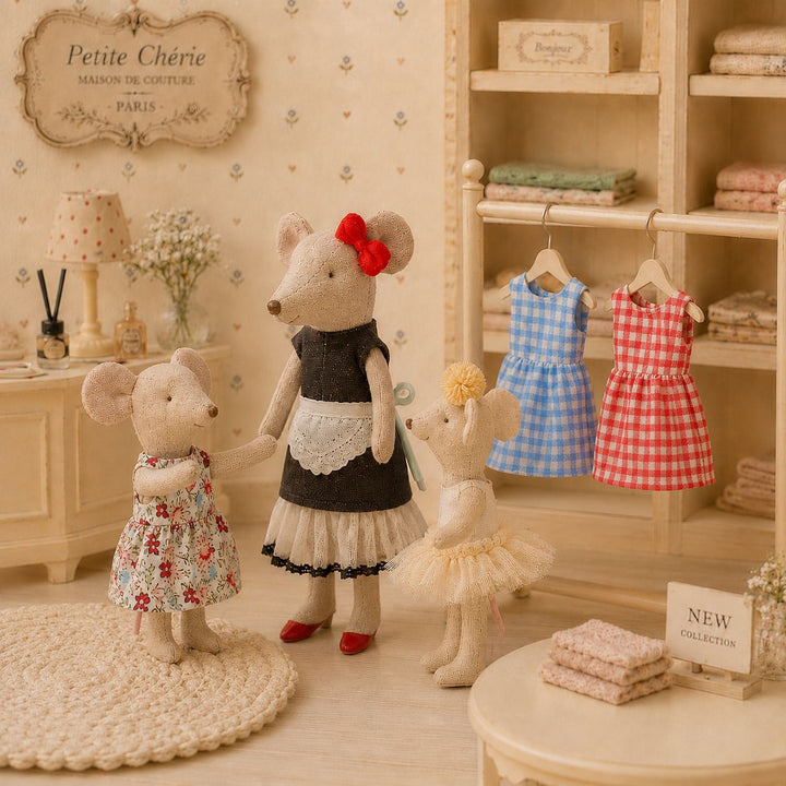 Handcrafted Linen-Style Mouse Soft Toy with Three Removable Cotton Dresses