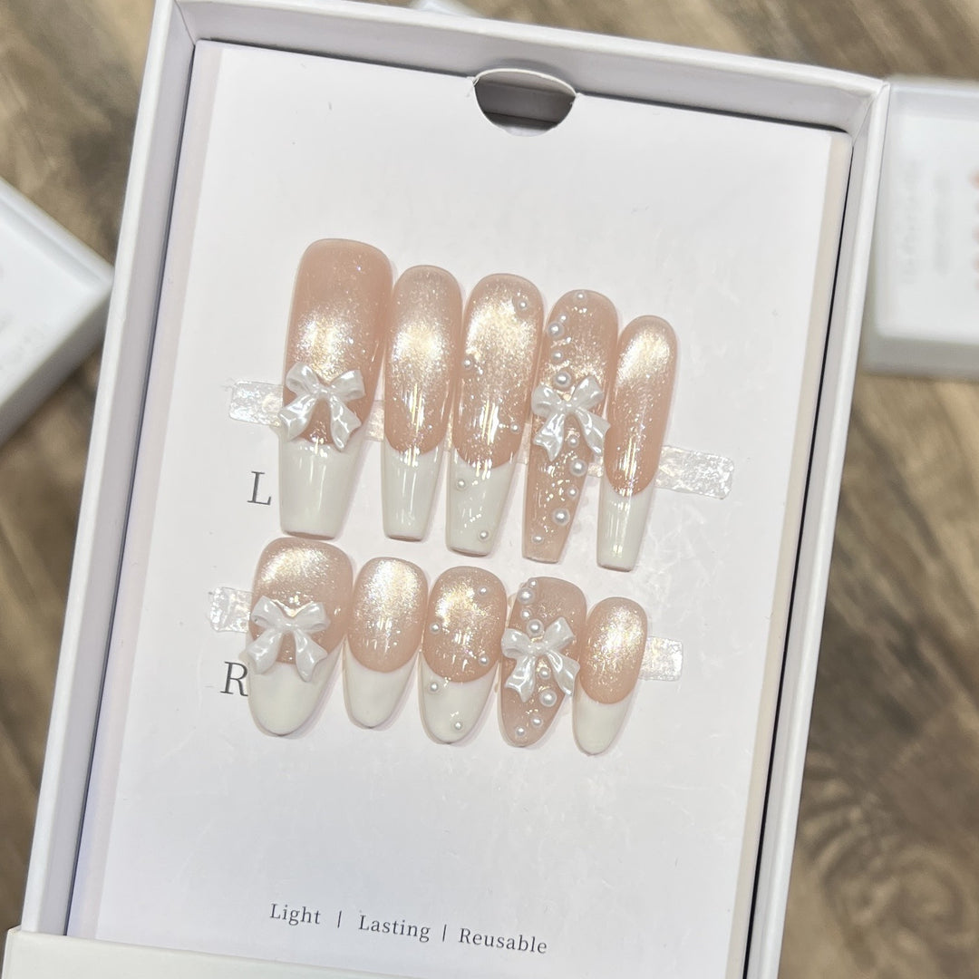 Decorative Long Press-On Nail Set with Bow and Pearl Accents Kalsten