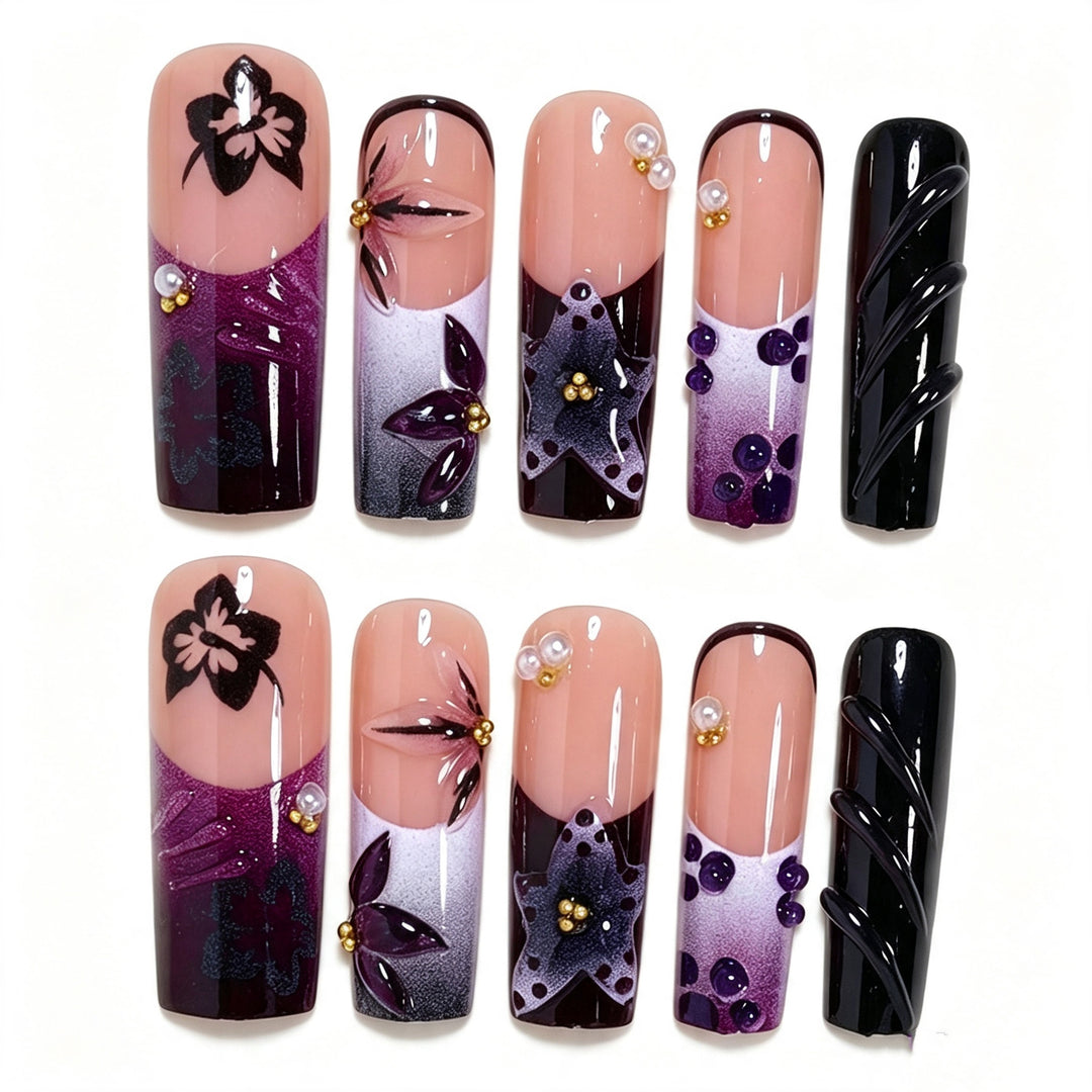 Artistic Long Nail Design with Floral Accents Kalsten