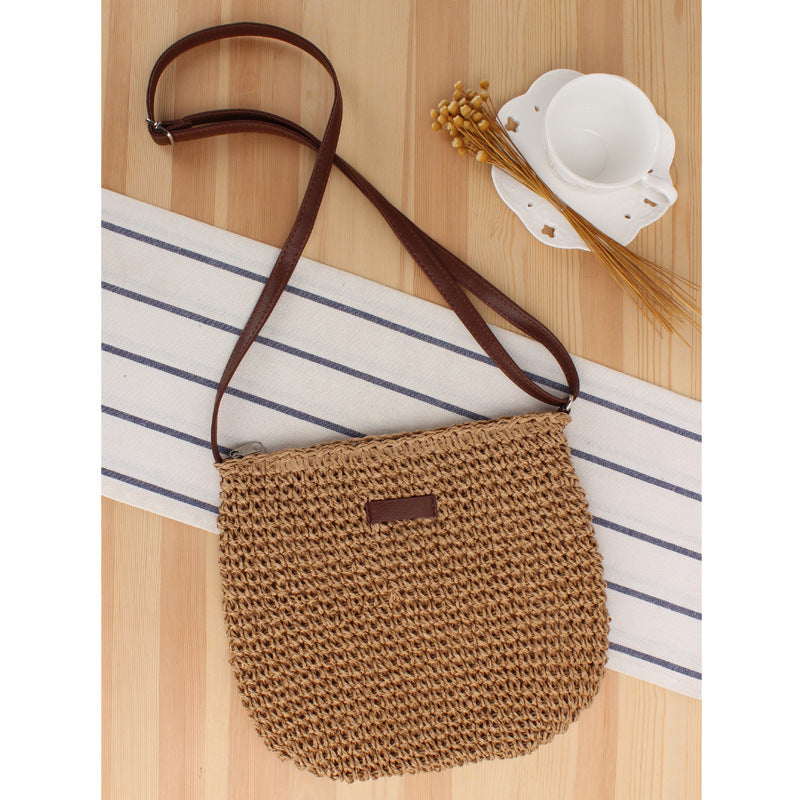 Woven Natural Material Shoulder Bag with Removable Leather Strap Kalsten