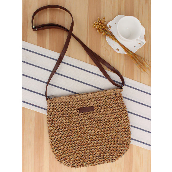 Woven Natural Material Shoulder Bag with Removable Leather Strap Kalsten