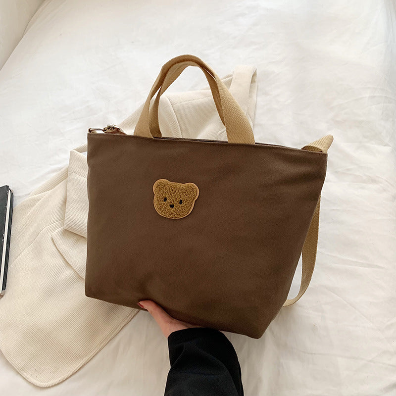 Casual Canvas Tote Bag with Cute Bear Applique