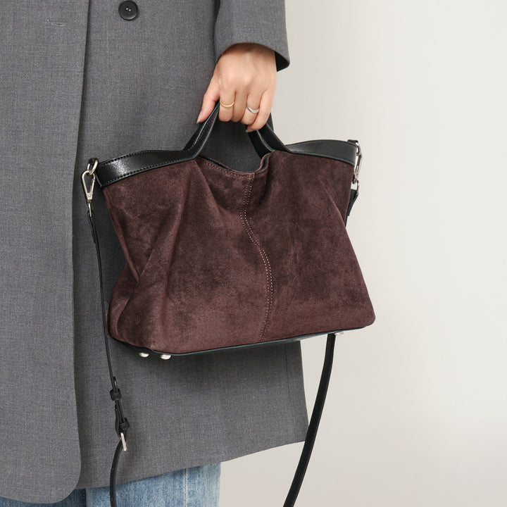 Suede Slouch Shopper Tote with Contrast Leather Trim & Removable Crossbody Strap