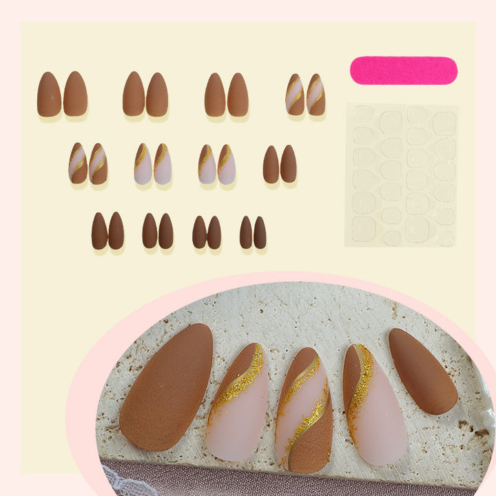 Elegant Press-On Nail Set with Decorative Gold Stripe Design Kalsten