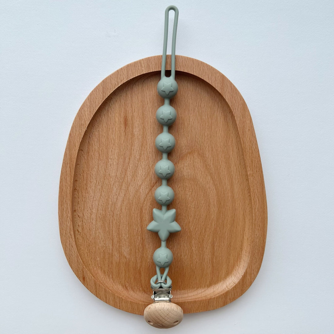 Silicone Star-Bead Pacifier and Teether Clip with Wooden Safety Clamp