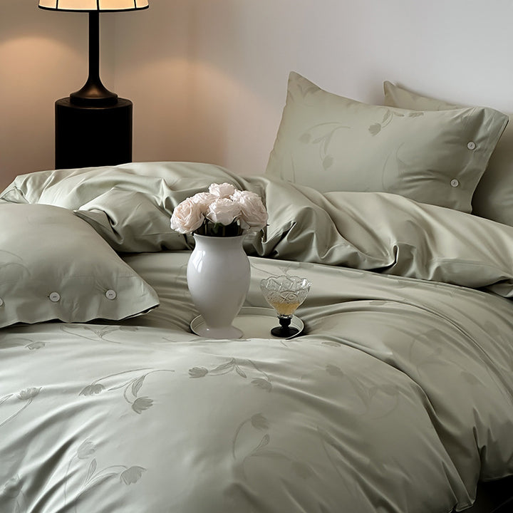 Premium duvet cover set made of cotton satin with tonal floral jacquard and button closure