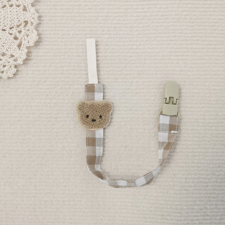 Cotton Gingham Pacifier Clip with Plush Bear Applique and Quick-Release Safety Clip